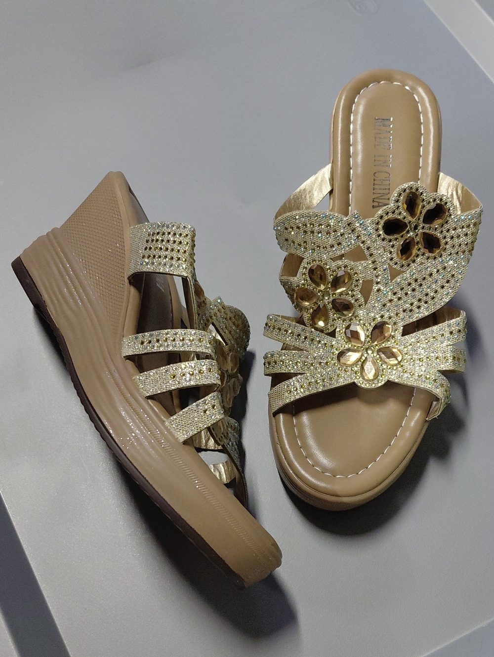 Women’s Gold Wedge Slide Sandals with Floral Accents Sparkly Dressy